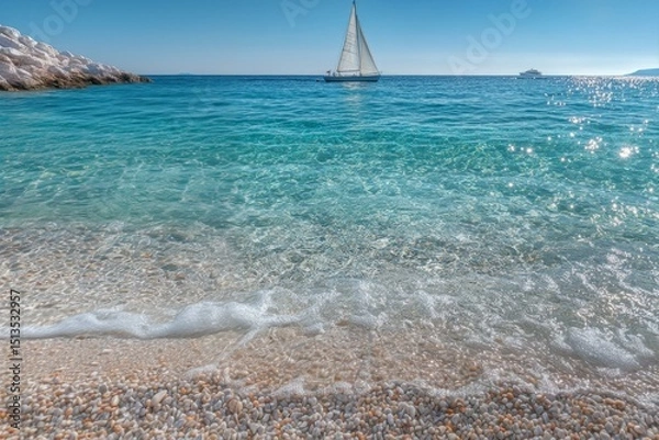 Fototapeta Serene Waterscape with Sailboat on Horizon and Gentle Waves at Shoreline in Clear Blue Atmosphere