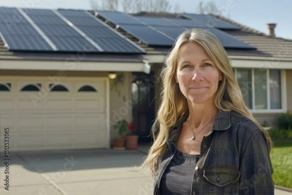 Fototapeta Woman Smiling in Front of House Equipped with Solar Panels for Renewable Energy Initiative