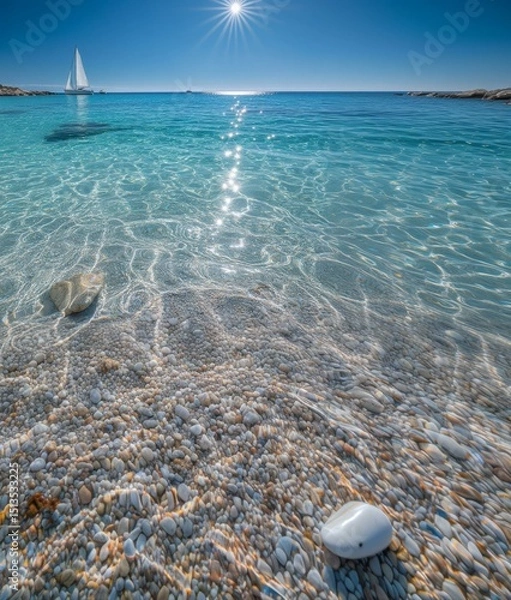 Fototapeta Sun Drenched Pebble Beach Serenity with Sailing Boat on the Horizon Under Azure Blue Sky View