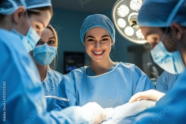 Fototapeta Surgical Team in Action Medical Professionals in Operation Room with Surgical Light Fixture