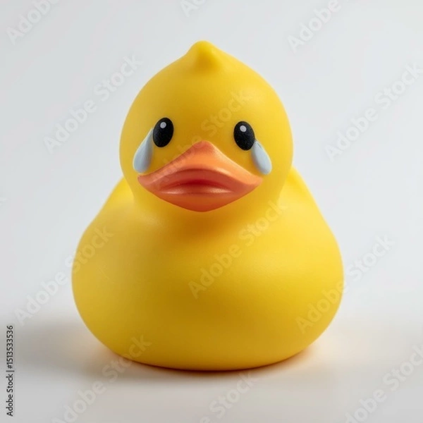 Fototapeta Unhappy Rubber Duck with Tears Showing Sadness and Melancholy on White Background Surface View