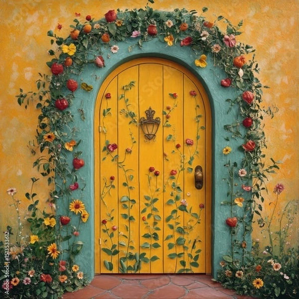 Fototapeta Vibrant Yellow Door Adorned with Floral Cascade Against Textured Orange Wall Backdrop Artistic View