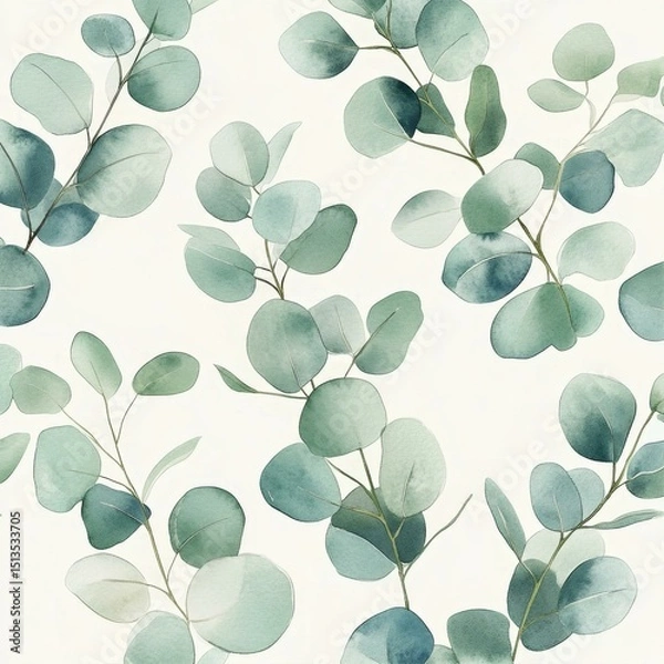 Fototapeta Watercolour Eucalyptus Leaf Pattern Design with Pastel Green and Blue Hues Nature Inspired Backdrop