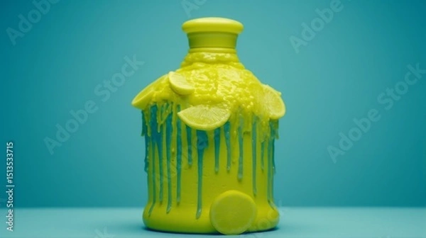 Fototapeta Whimsical Citrus Bottle Creation with Bright Color Palette and Playful Drips in Studio Setting