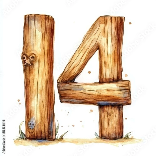 Fototapeta Wooden Number Fourteen Rustic Log Design Whimsical Illustration Textured Artistic Style Isolated Art