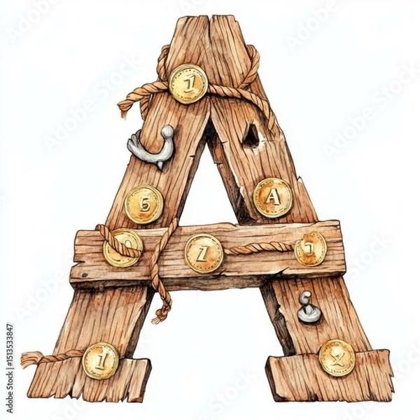 Fototapeta Wooden Letter A Adorned with Pirate Coins and Ropes in a Stylized Artistic Rendition