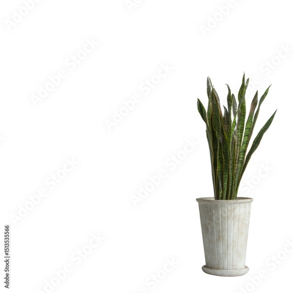 Obraz A vibrant green snake plant in a rustic white pot, perfect for adding a touch of nature to any decor. Ideal for indoor spaces, bringing a fresh and lively atmosphere.
