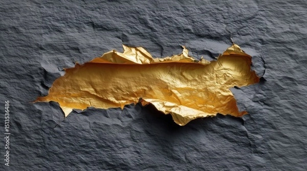 Obraz Flat lay photo of a crumbled rectangular sheet of dark grey paper torn in the middle, revealing golden core. Luxury, minimalistic frame background