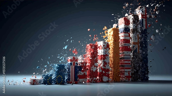 Obraz A symbolic editorial image of a 3D bar chart or line graph representing trade between the USA and EU breaking apart in the middle with national flags or map