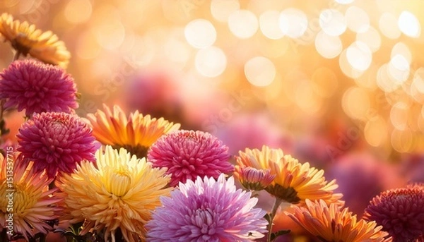 Fototapeta colorful mums flowers on warm bokeh background