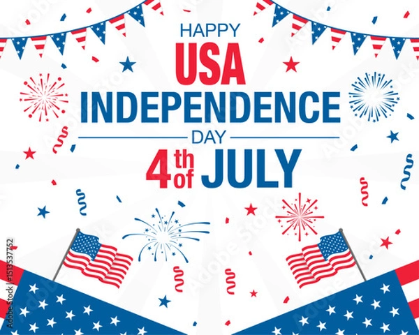 Fototapeta Happy USA 4th of July banner with fireworks, confetti and flags.  United States Independence Day themed design element