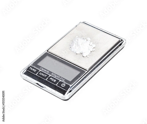 Obraz White powder narcotic on digital scales. Isolated
