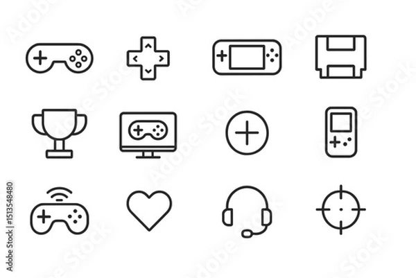 Fototapeta Collection of gaming icons featuring controllers, devices, and trophies in black and white design