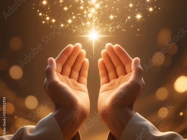 Obraz Spiritual Hands Reaching Light with Glowing Blessing Sparks in Mystical Islamic Background Concept
