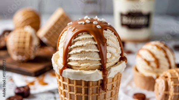 Obraz Indulgent ice cream cone topped with caramel sauce and nuts, perfect for a warm summer day.