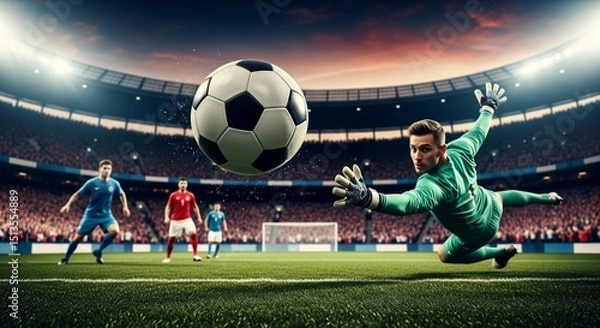 Fototapeta Football Goalkeeper Action: Diving Save, Ball in Motion, Stadium Lights