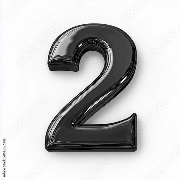 Fototapeta Number font 2 shaped from shiny black plastic letter, isolated white