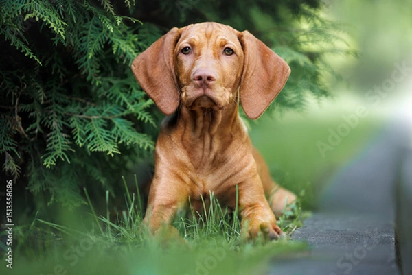 Obraz cute vizsla puppy lying on grass under a lush evergreen
