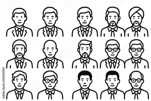 Fototapeta Diverse group of illustrated individuals in business attire showcasing various hairstyles and facial hair styles in a grid layout