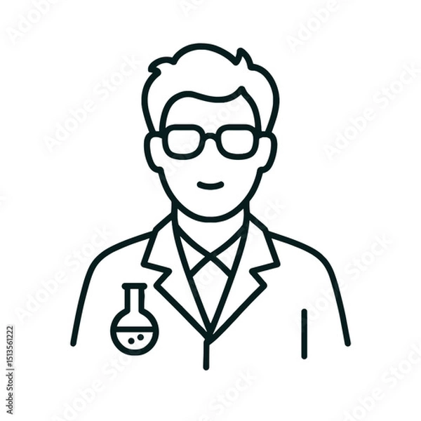 Fototapeta Black line icon of scientist wearing lab coat and glasses, chemistry and research concept