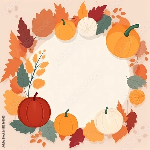 Fototapeta Autumnal Garland: A festive autumnal composition, featuring a vibrant arrangement of leaves and pumpkins, forming a welcoming wreath with space for text, perfect for seasonal greetings.