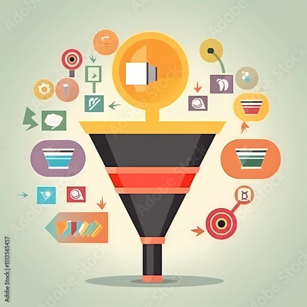 Obraz Funnel of Data: Illustrative design features a stylized funnel shape, with various graphical elements. Illustrating the complex process of data processing and analytics.