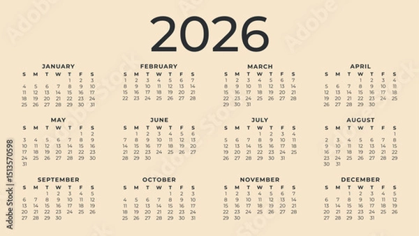 Fototapeta 
Vector classic calendar for 2026. Week starts on Sunday. Desk or wall calendar in minimalist style