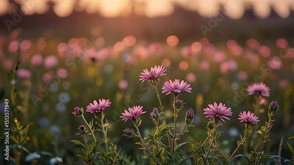 Fototapeta Pink wildflowers in a field at sunset, soft focus, bokeh effect.
