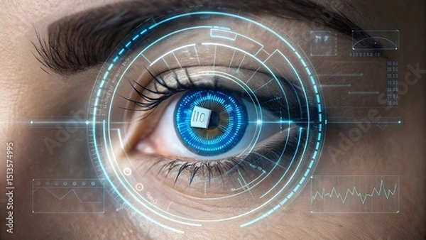 Obraz Eye Biometric Scan: A close-up shot showcases an eye undergoing a biometric scan, with intricate digital patterns overlaid on the iris, hinting at advanced security and identity verification.