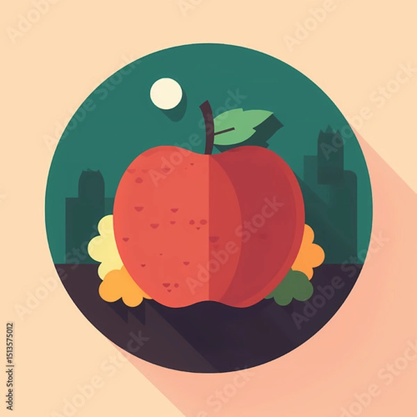 Fototapeta Big Apple Cityscape A Flat Design Illustration of a Red Apple in an Urban Setting