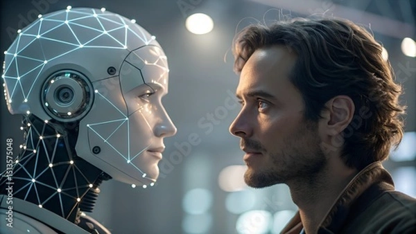 Obraz Humanity's Reflection: A thought-provoking encounter unfolds as a human and a humanoid robot engage in a face-to-face contemplation.