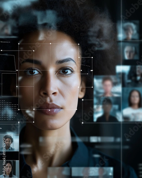Fototapeta Synthetic identity fraud. Security officer analyzing AI anomalies in facial recognition technology.