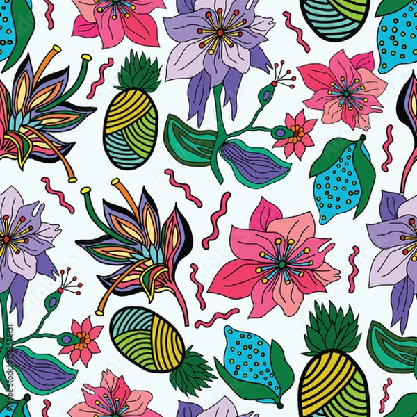 Fototapeta colorful flowers, lemons, pineapple spiral motif botanical colorful fantasy seamless pattern. It is good for decorations, textile, fabric, tiles and more.