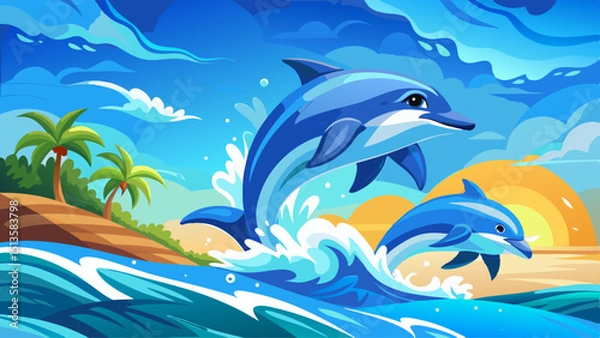 Fototapeta Two dolphins leap from crystal-clear waves under a bright blue sky, celebrating joy, playfulness, freedom, and the wonder of marine life in a sunlit coastal paradise.

