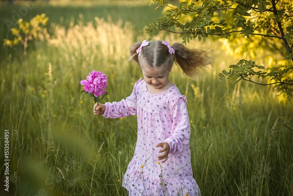 Obraz cheerful 3-year-old girl with pigtails in a pink dress with a peony walks in a village meadow