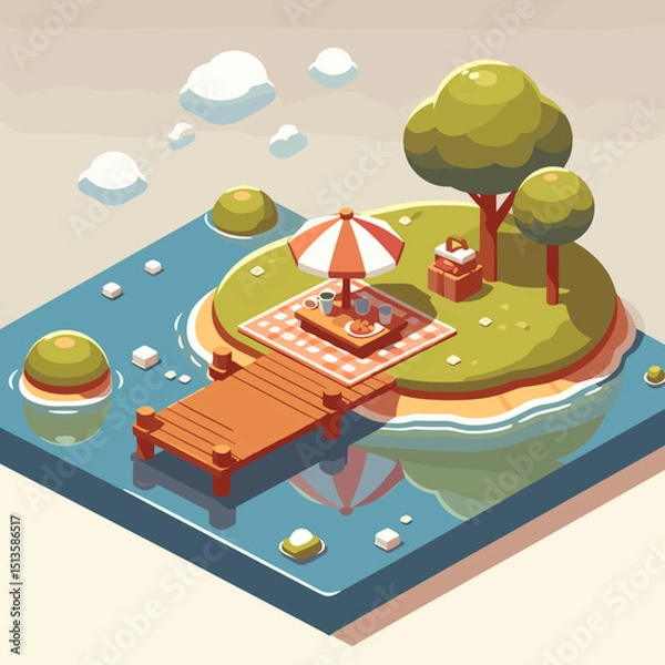 Fototapeta Colorful picnic scene on an island with dock and umbrella  