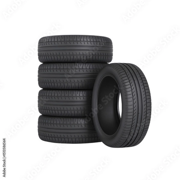 Fototapeta Stacked Car Tires on Transparent Background, Automobile Vehicle, Black Rubber Texture