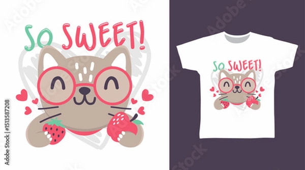Obraz Cute kitten with fruits hand drawn illustration vector, ready for print on t-shirt and other uses.