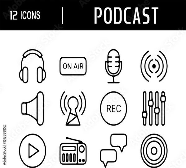 Obraz set vector icon podcast - Flat Design Vector of Podcast Host Recording in Studio - Podcast Microphone and Headphones – Flat Style Vector Illustration - Flat Podcasting Concept – Person Talking