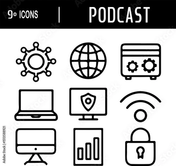 Obraz set vector icon podcast - Minimal Flat Vector of Podcast Studio Interior - Flat Vector of Music and Podcast Production Tools - Flat Design Podcast Icon Set – Mic, Headphones, and Audio Wave
