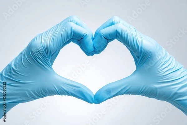 Fototapeta Hands in blue gloves forming a heart shape against a light background symbolizing care, love, and healthcare support