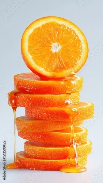 Fototapeta Freshly Cut Orange Slices Stacked with Juicy Citrus Dripping Down Over Smooth Background