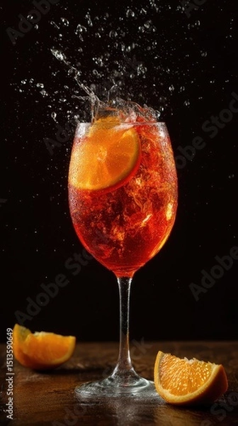 Fototapeta Refreshing Citrus Drink Splashing in Glass with Orange Slices on Dark Background