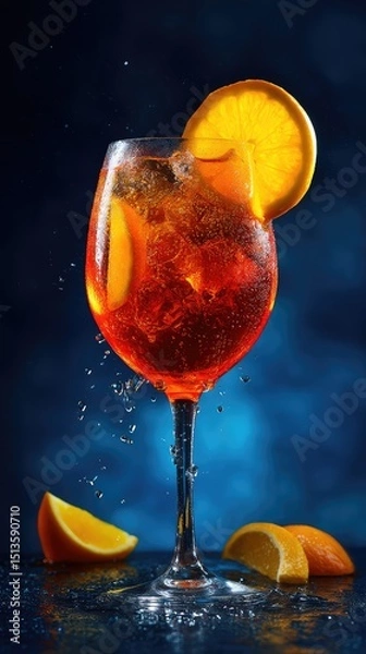 Fototapeta Refreshing Sparkling Beverage with Citrus Garnish on a Vibrant Blue Background and Ice Cubes Splashing