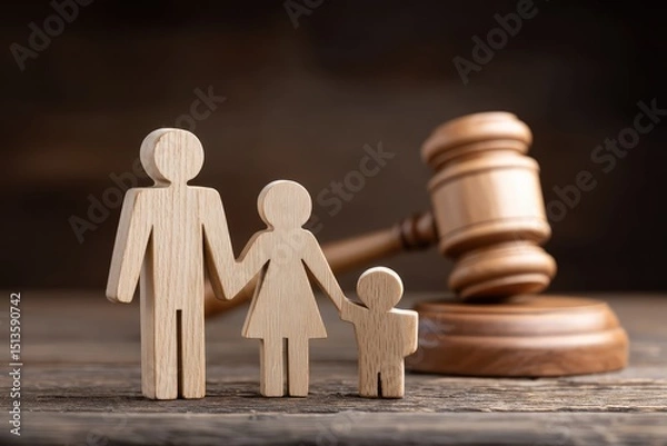 Fototapeta Wooden figures of family with gavel on wooden table, symbolizing family law, justice, and legal matters in society