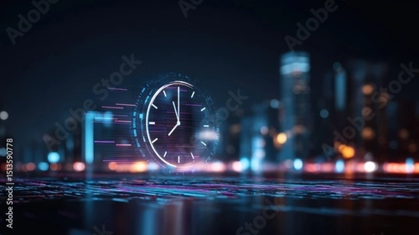 Fototapeta Futuristic Clock Symbolizing Time Management in Urban Nightscape with Blurred City Lights and Neon Elements