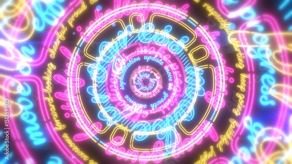 Fototapeta 大きな円にポジティブな英単語が並んだネオンのような背景 - CMYKカラー