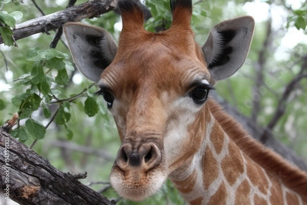 Fototapeta Close-Up Portrait of a Giraffe Amidst Greenery in a Natural Habitat Setting, Exhibiting Unique Features and Expressions of Wildlife