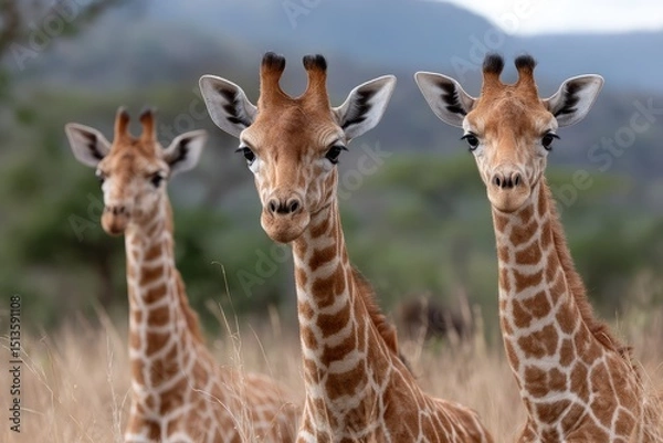 Fototapeta Three Giraffes Standing Together in Natural Habitat with Green Background Under Soft Cloudy Sky