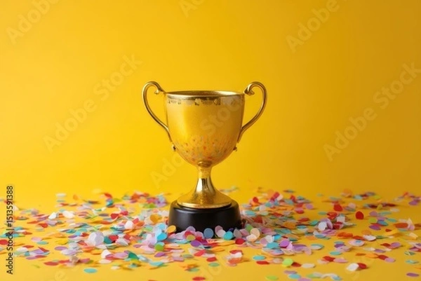 Fototapeta Golden trophy on vibrant yellow background surrounded by colorful confetti celebrating success and achievement with festive vibes
